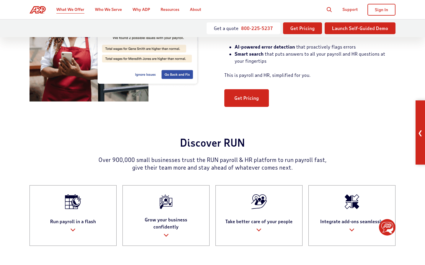 ADP Run pricing page screenshot