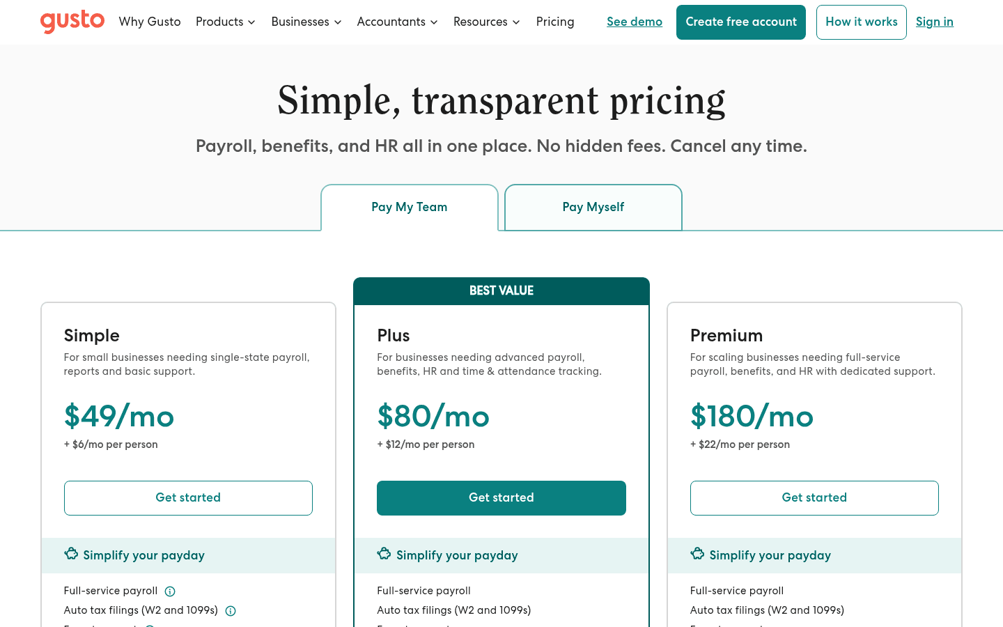 Gusto pricing page screenshot