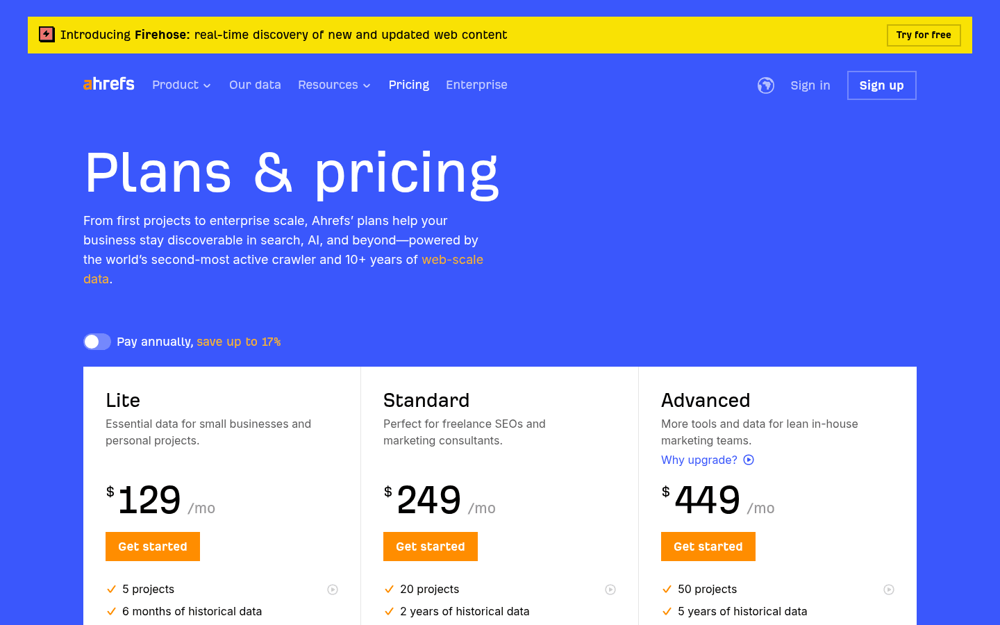 Ahrefs pricing page screenshot