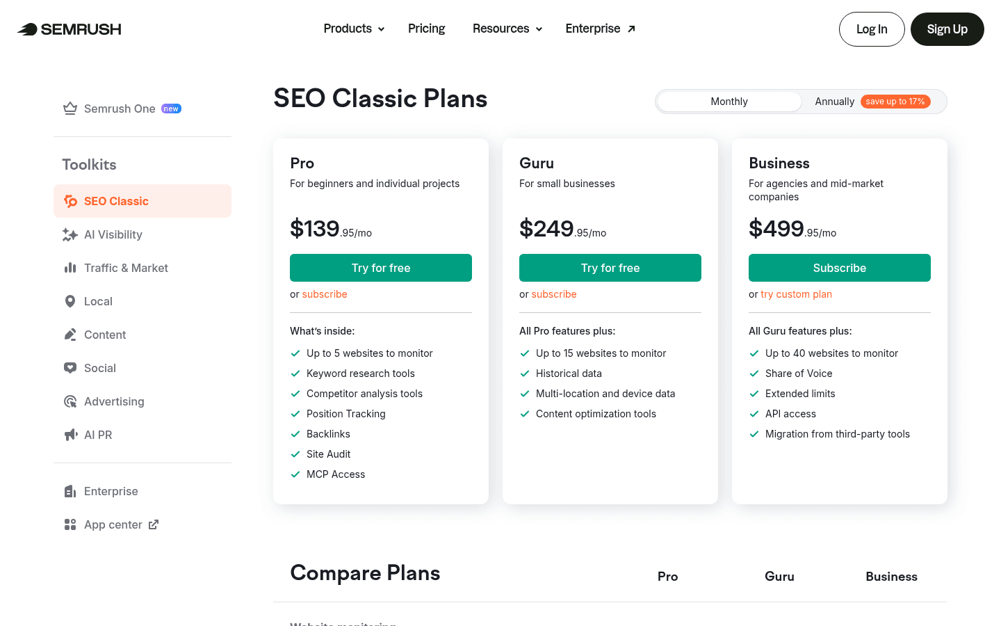 Semrush pricing page screenshot