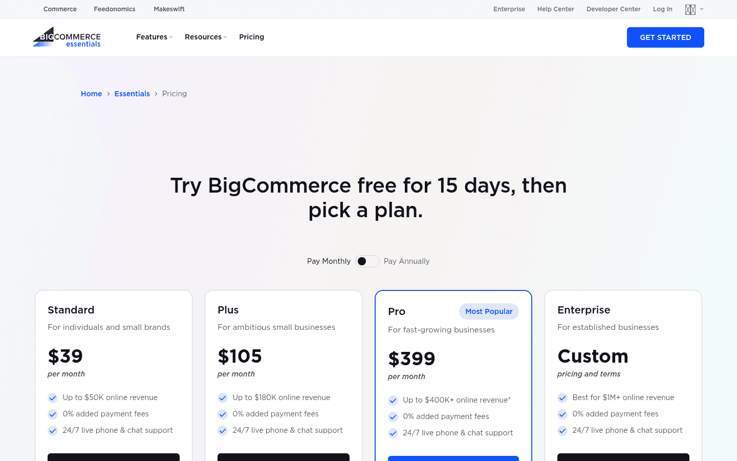 BigCommerce pricing page screenshot
