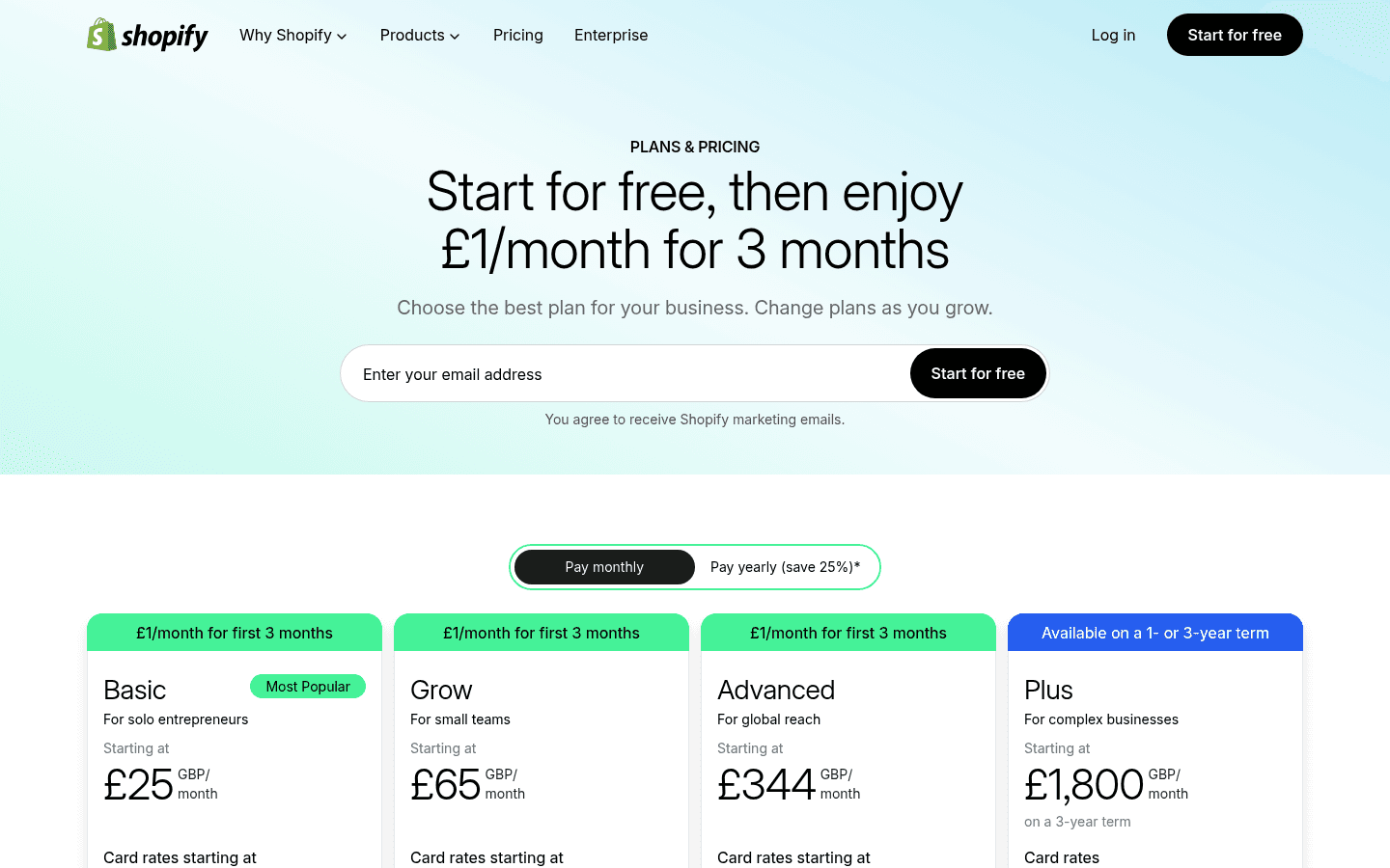 Shopify pricing page screenshot