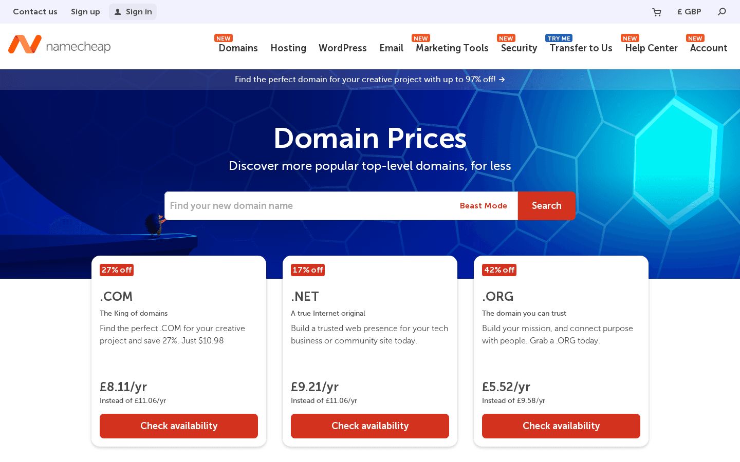 Namecheap pricing page screenshot