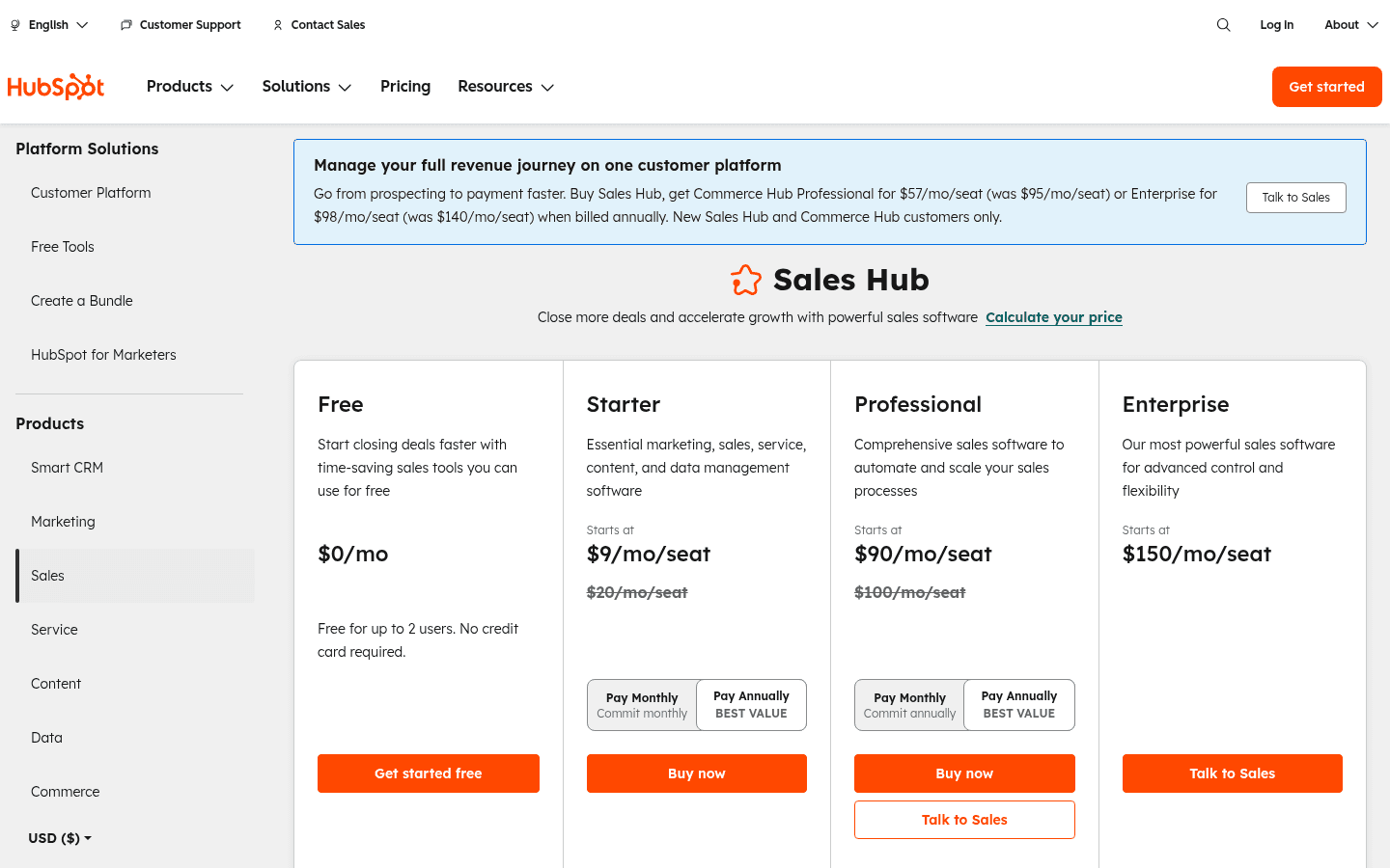 HubSpot pricing page screenshot