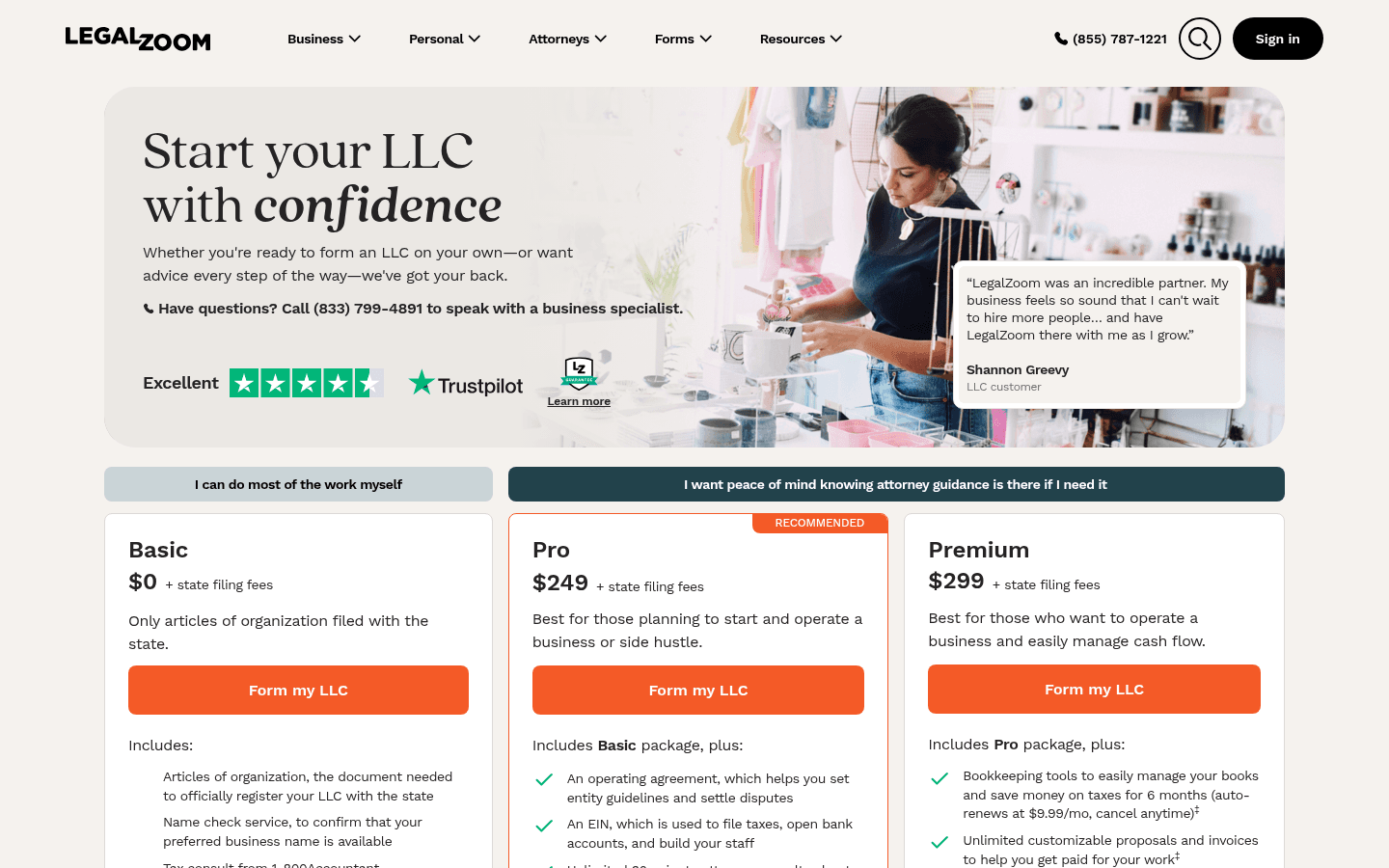 LegalZoom pricing page screenshot