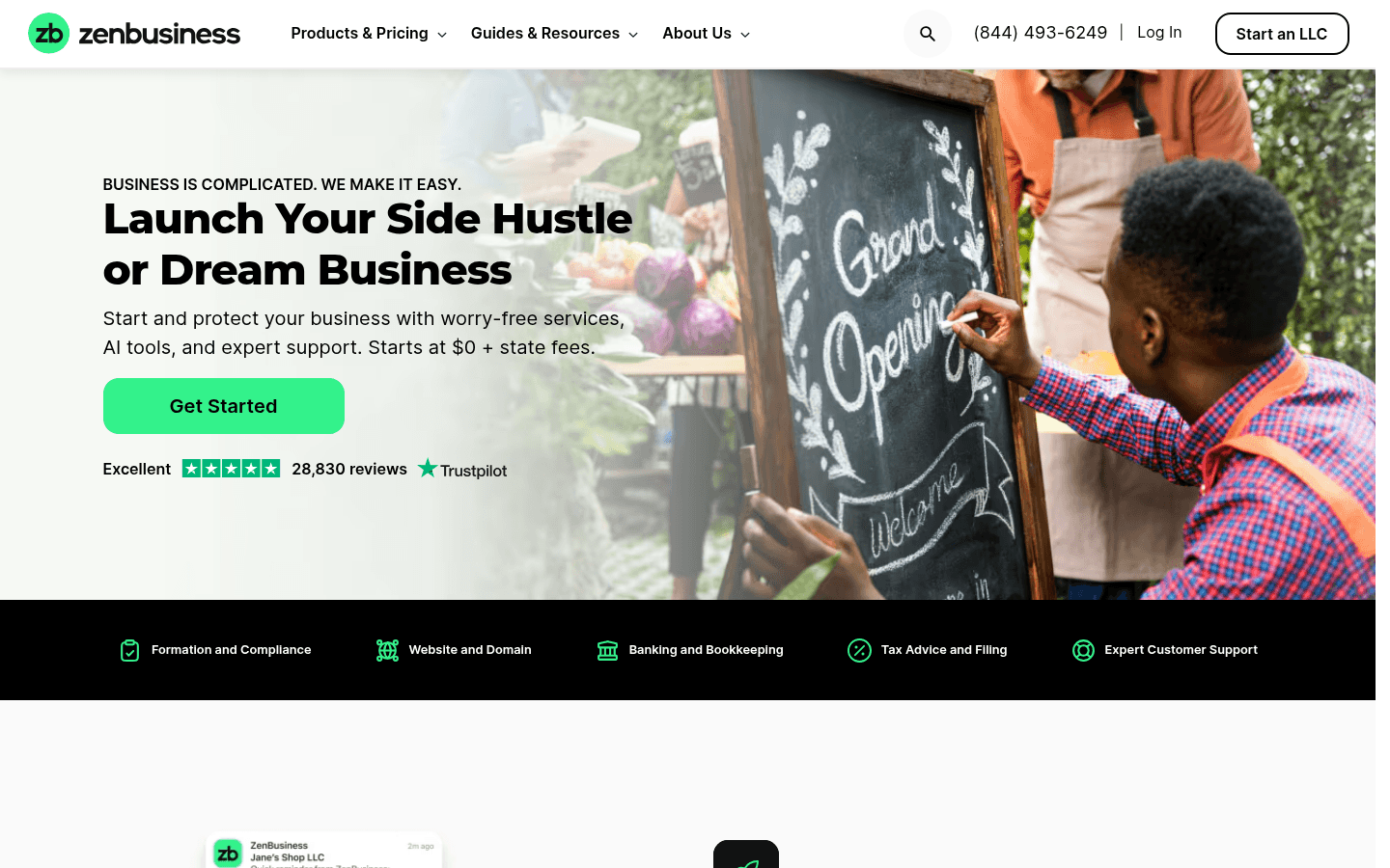 ZenBusiness homepage screenshot