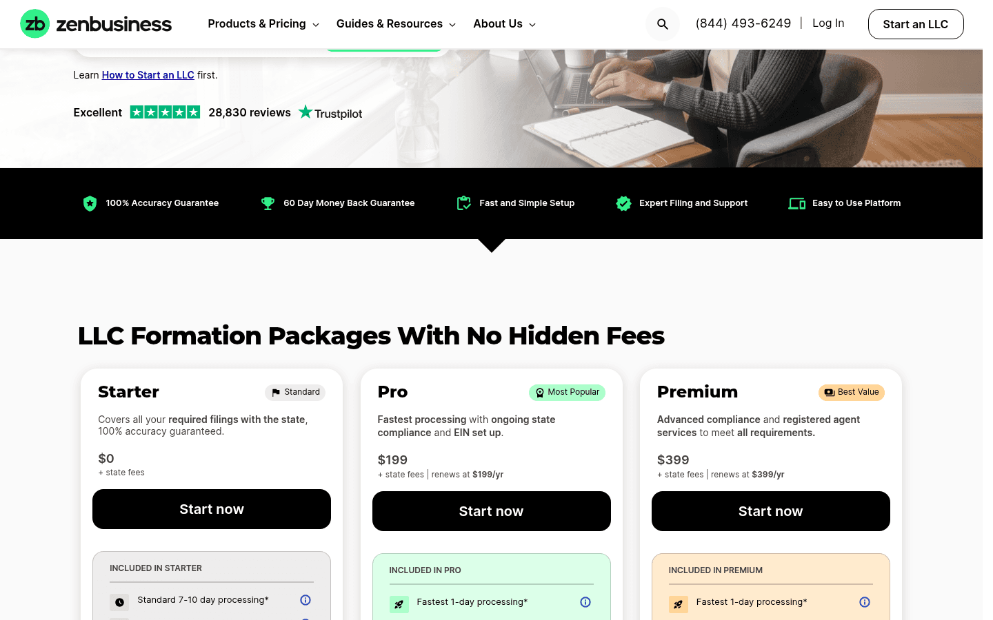 ZenBusiness pricing page screenshot