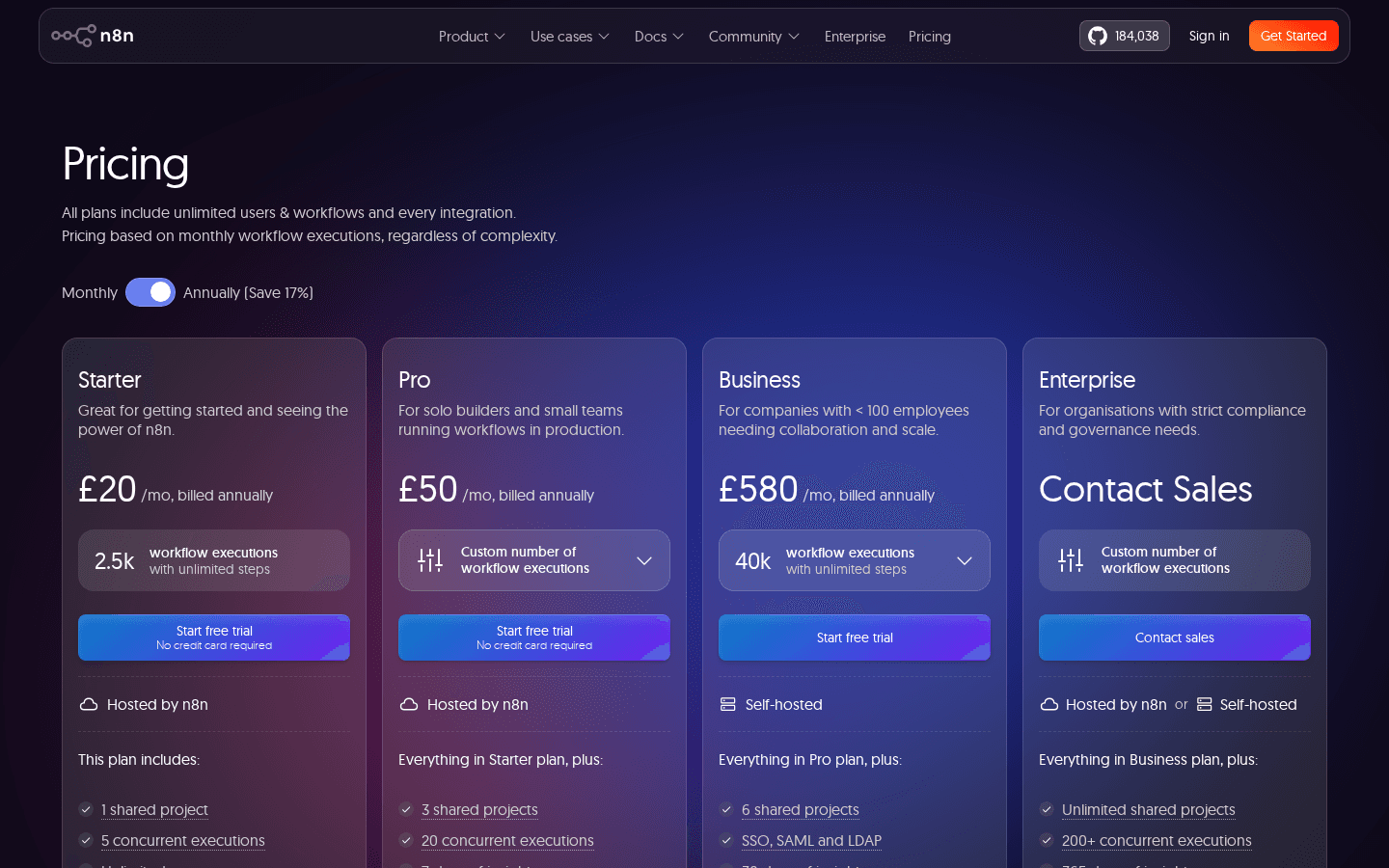 n8n pricing page screenshot