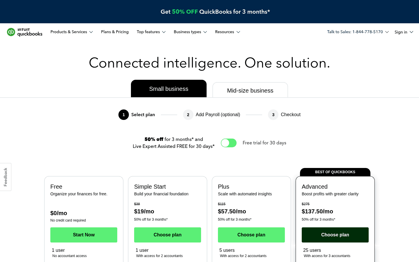 QuickBooks pricing page screenshot