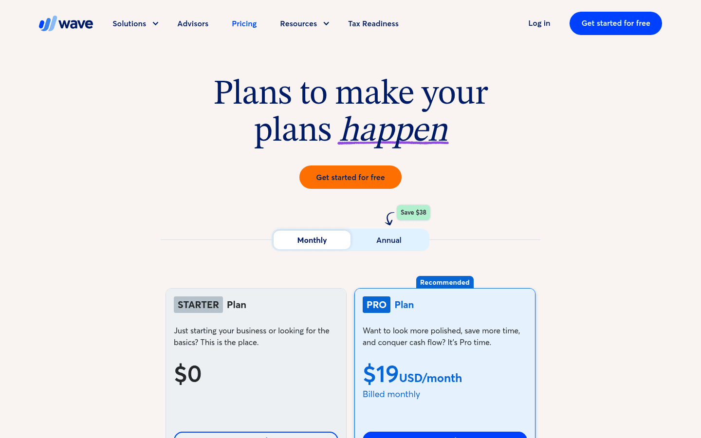 Wave pricing page screenshot