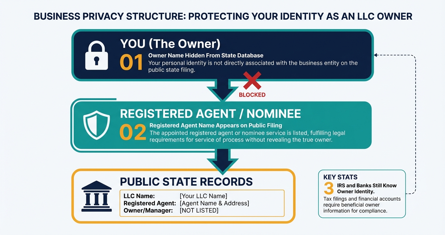 Infographic showing how an anonymous LLC shields owner identity from public records