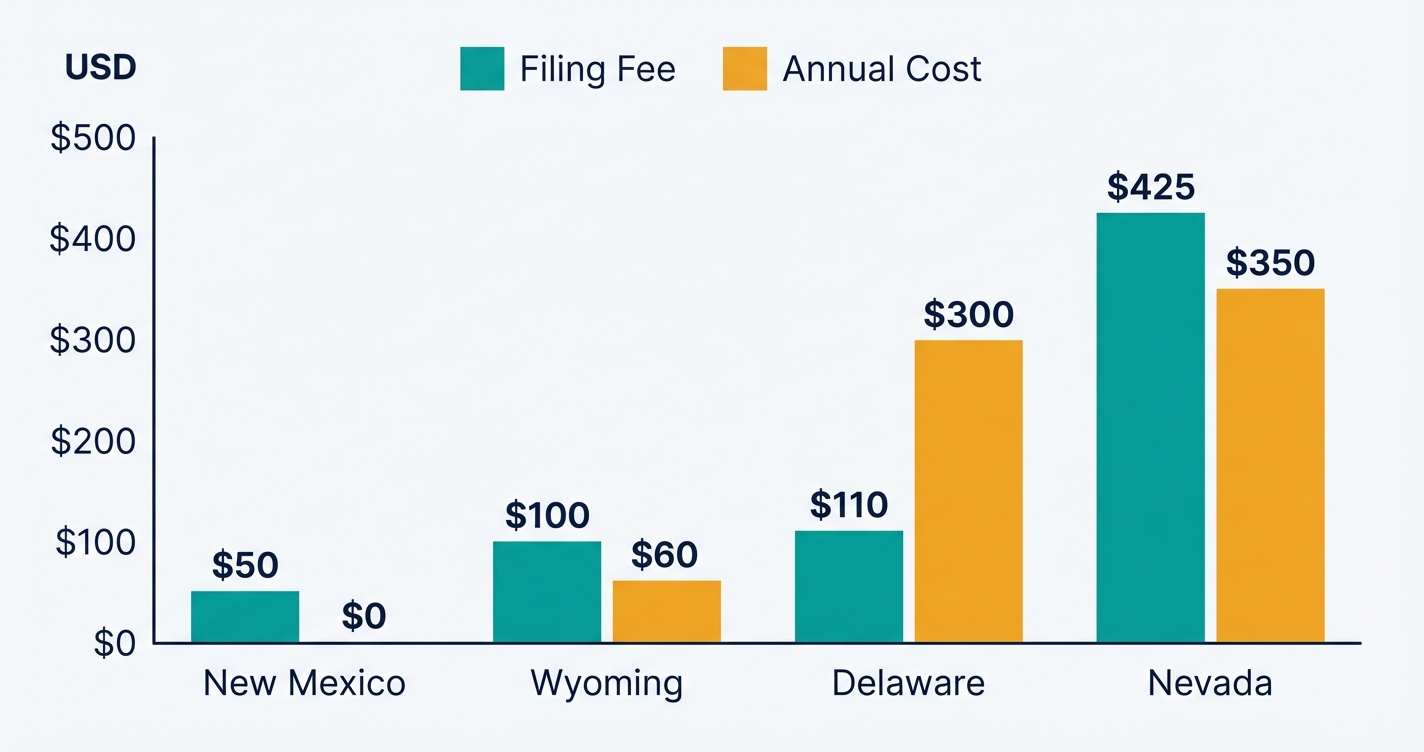 Bar chart comparing anonymous LLC filing fees and annual costs across 4 states