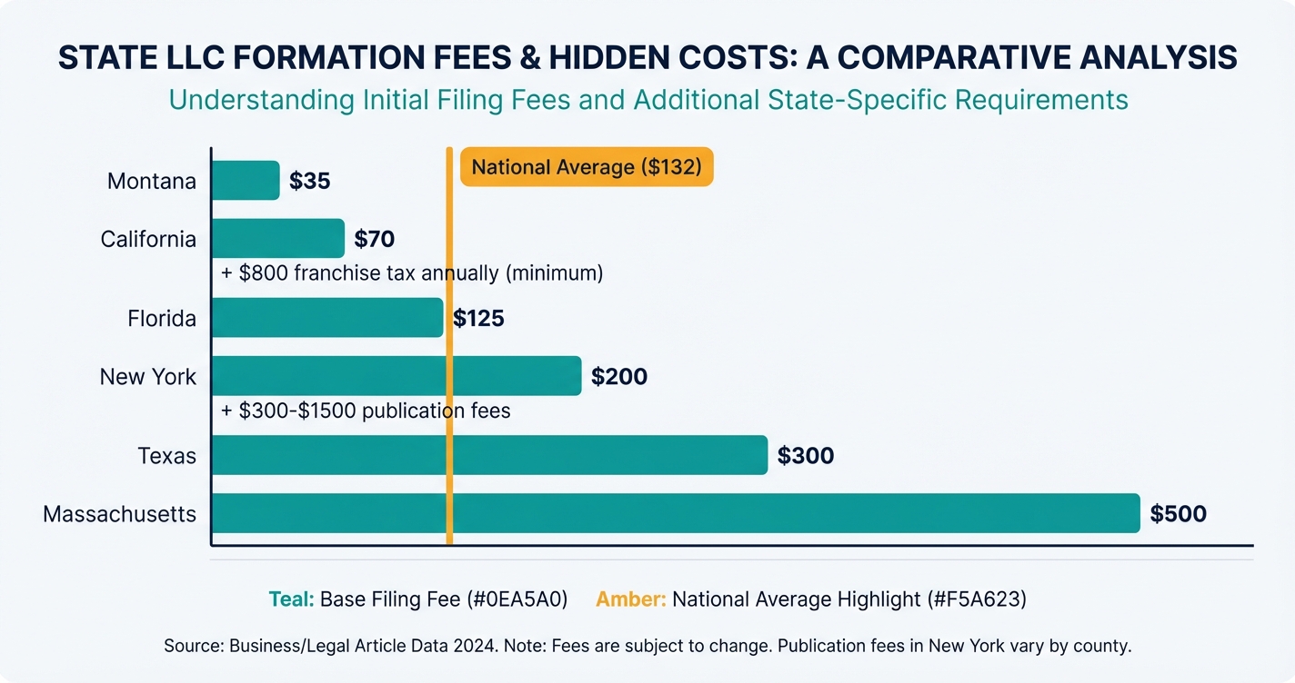 Bar chart comparing LLC formation filing fees across five popular states in 2026