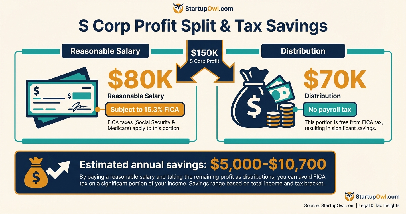 Infographic showing how S Corp salary and distribution split reduces self-employment tax