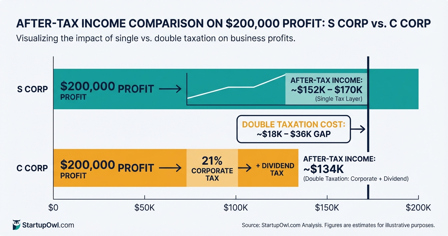 Bar chart showing after-tax income comparison on $200,000 profit for C Corp vs S Corp