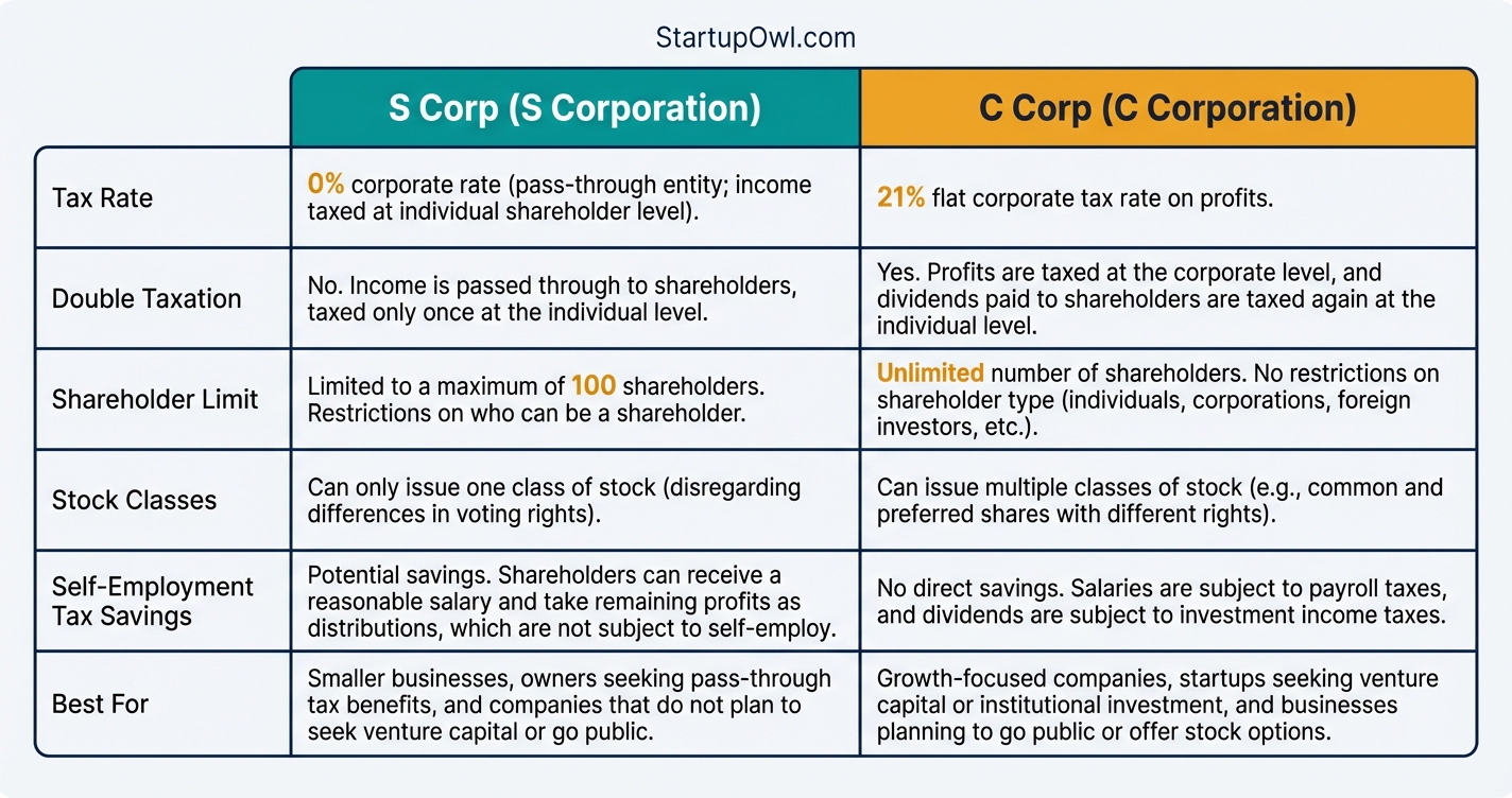 Side-by-side comparison of C Corp and S Corp tax treatment and key features