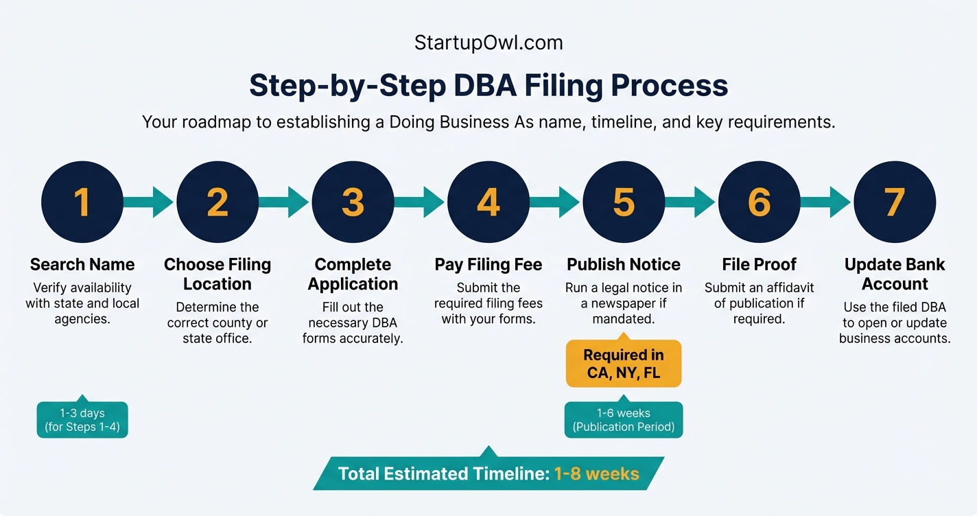 Seven-step DBA filing process from name search through bank account update