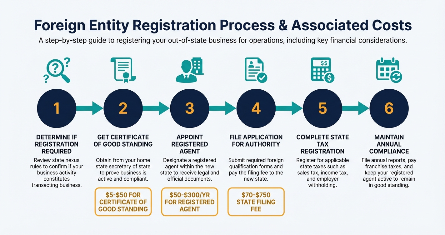 Six-step process diagram for foreign LLC registration from start to compliance