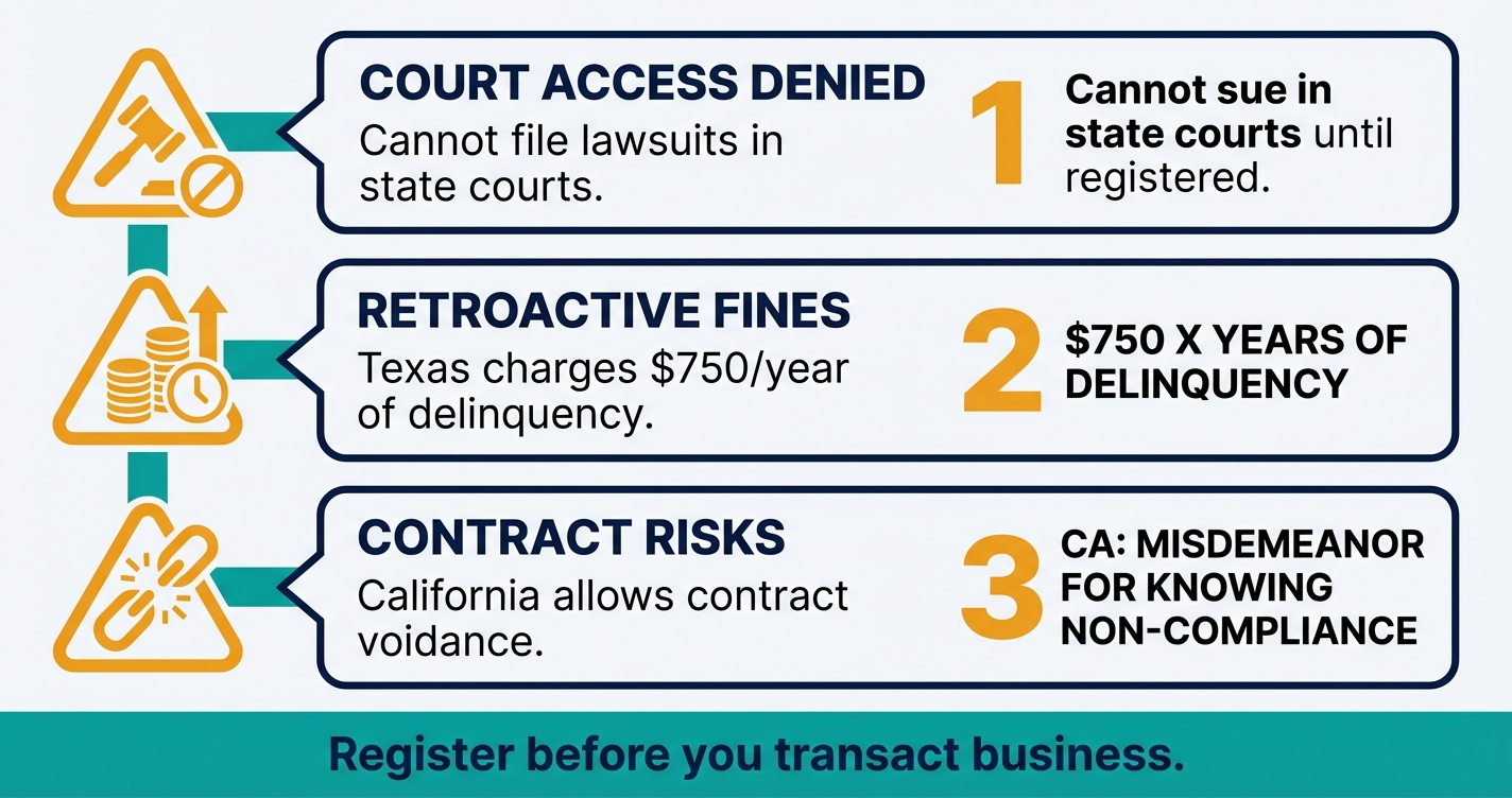 Infographic showing penalties for operating without foreign LLC registration