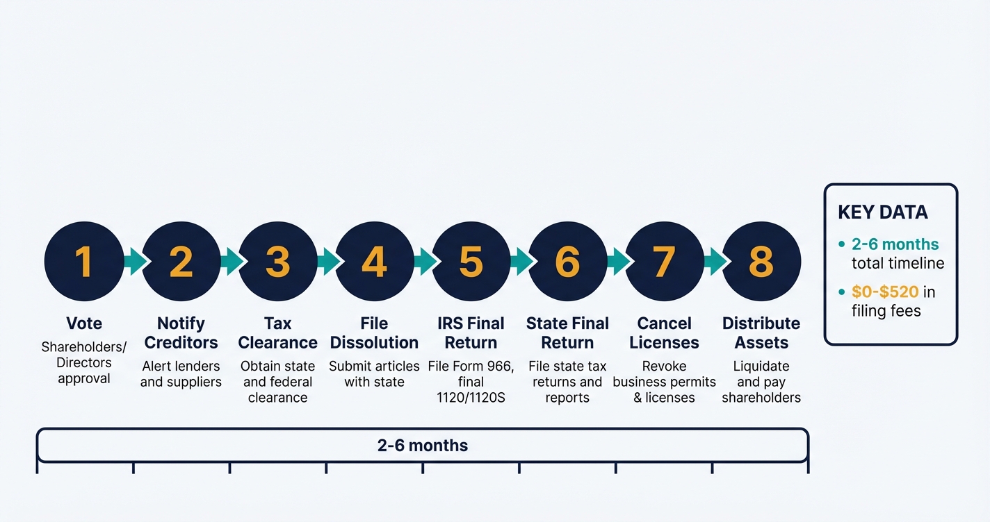 8-step process flow diagram for dissolving an LLC from vote to final records