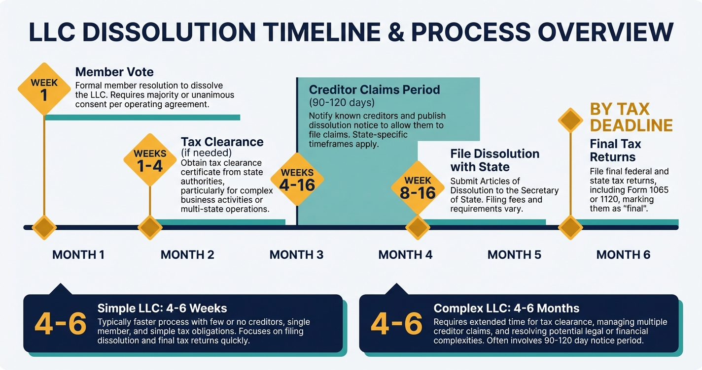 Timeline infographic showing dissolution milestones over 2 to 6 months