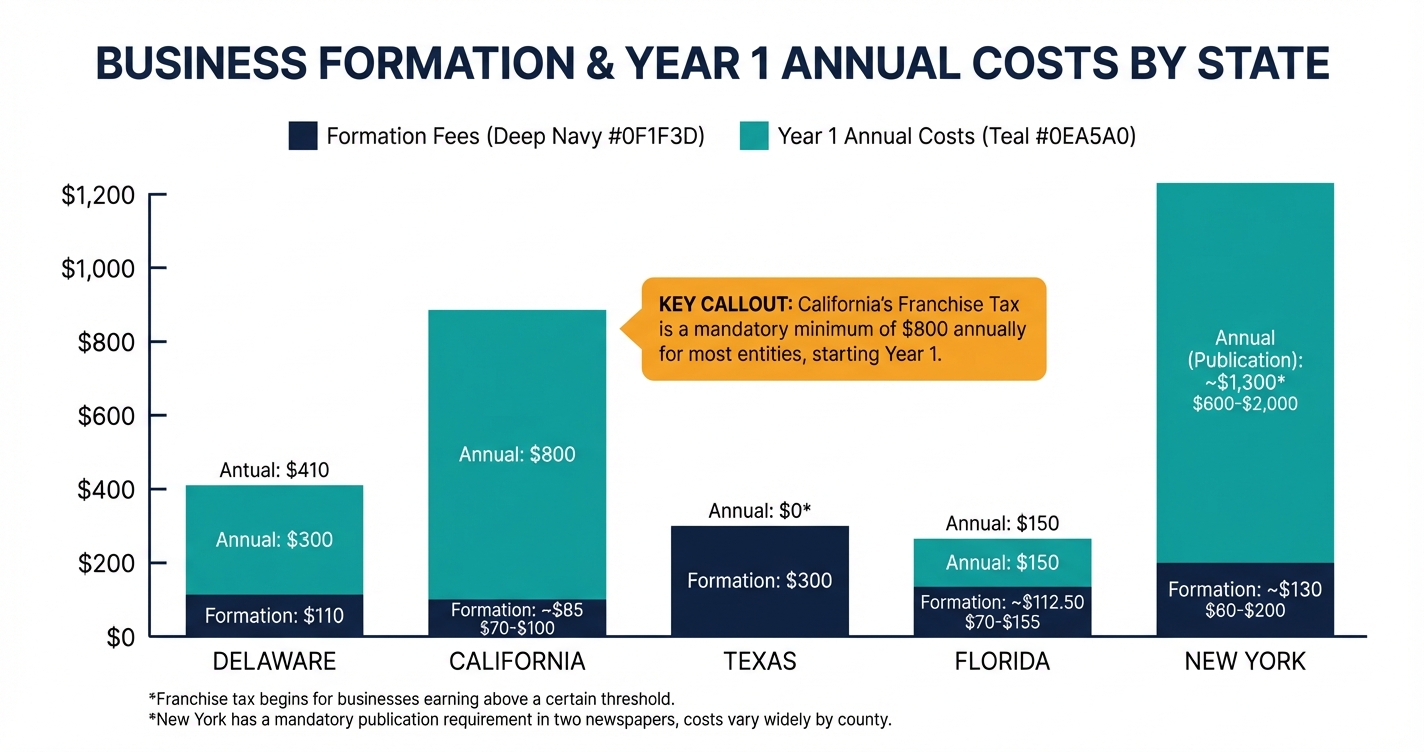 Bar chart comparing S Corp formation costs across five popular states