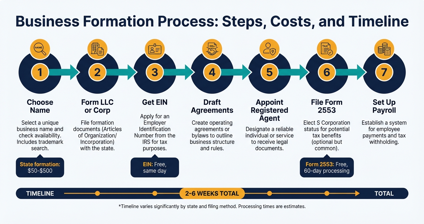 Seven-step process diagram showing S Corp formation from name selection to IRS confirmation