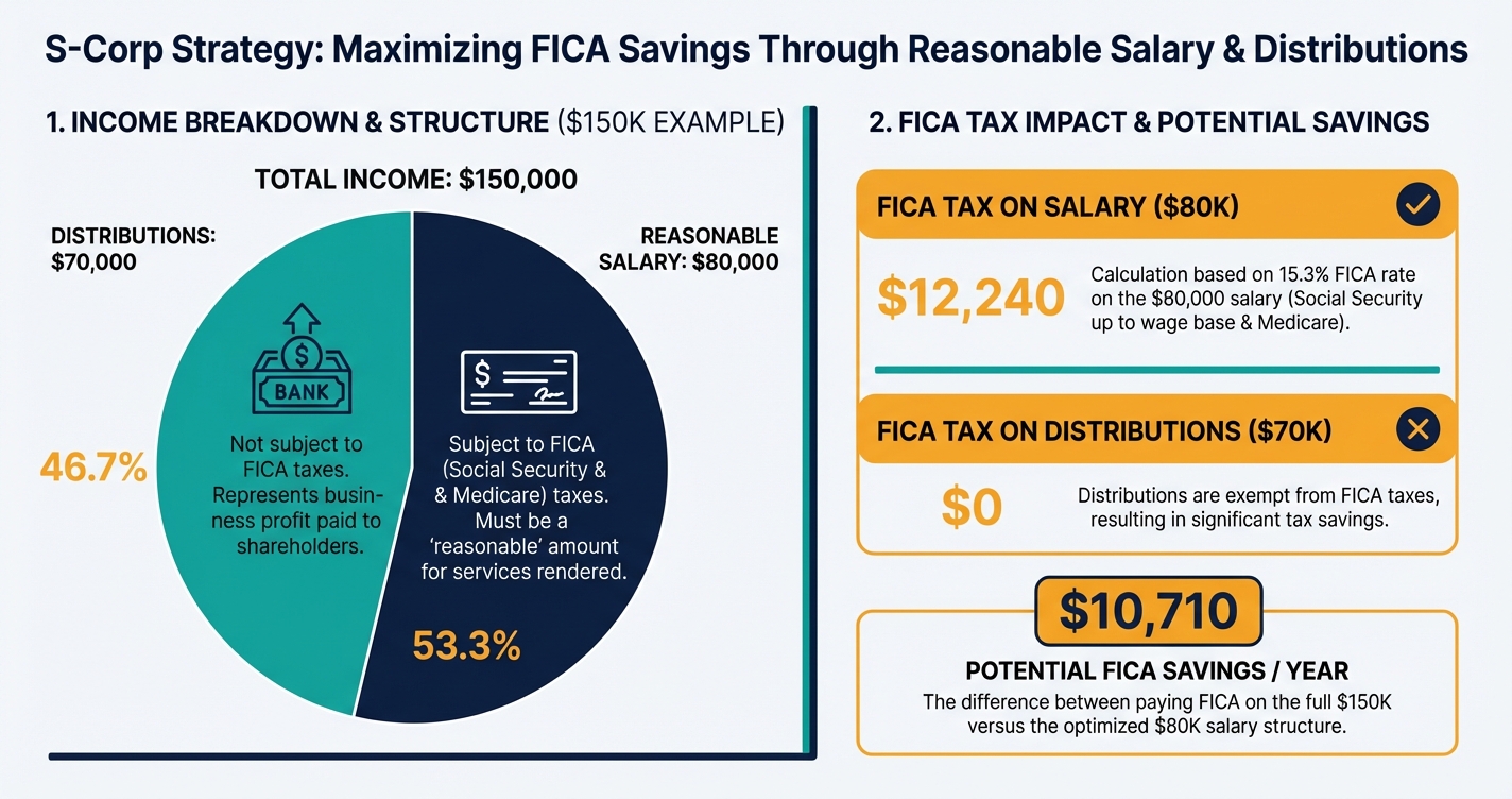 Infographic showing S Corp salary vs distribution split and tax savings example