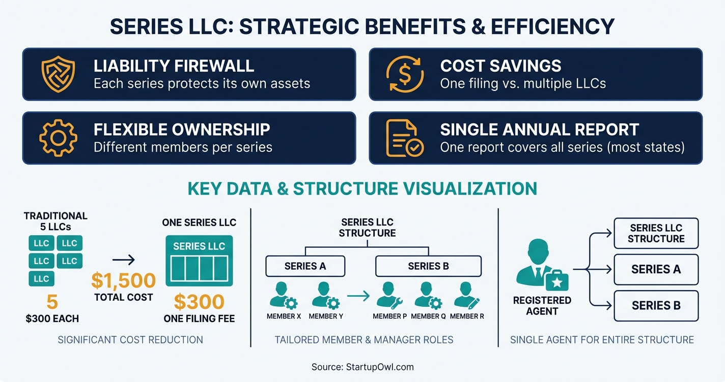 Four benefit icons for Series LLC including cost savings, liability protection, flexibility, and simplicity