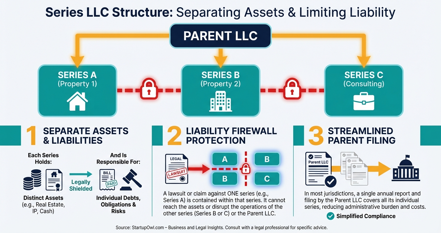 Diagram showing parent LLC with three child series each holding separate assets