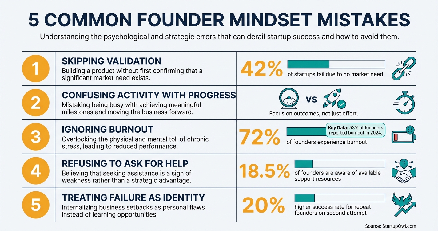 Infographic showing five common entrepreneur mindset mistakes with failure statistics