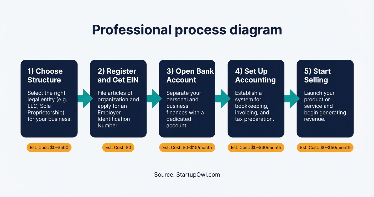 Five-step process diagram for starting a one person business
