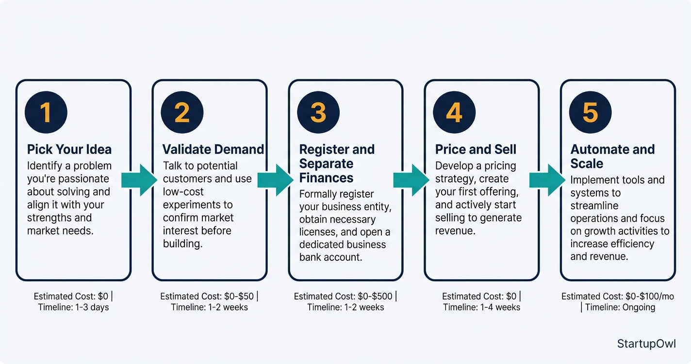 Five step process diagram from choosing an idea to automating your solopreneur business