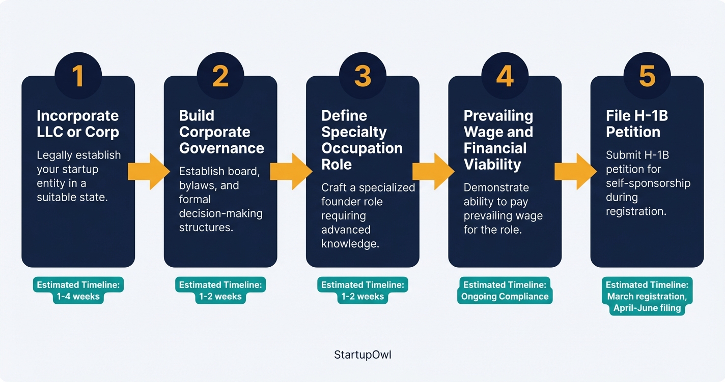 Five step process diagram for self-sponsoring an H-1B as a startup founder