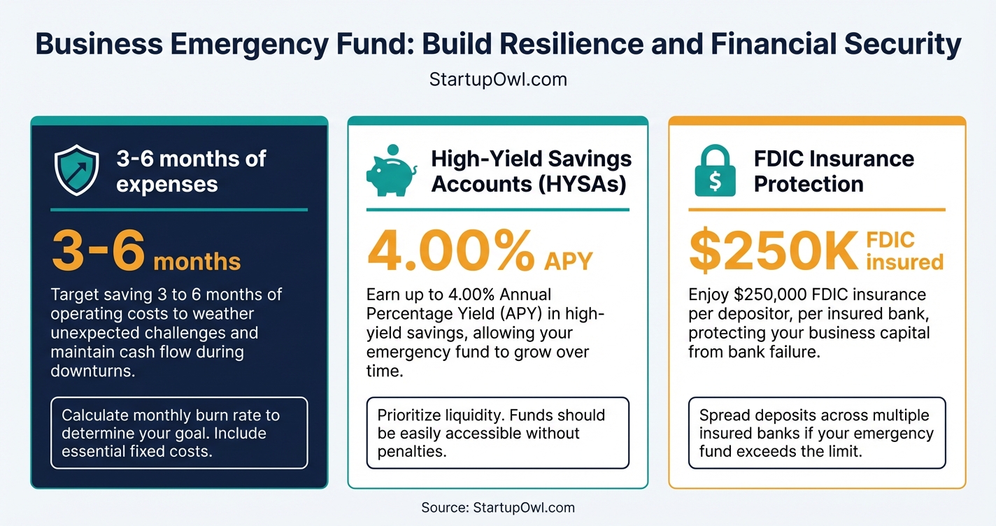 Business emergency fund overview showing 3-6 month savings target and account options