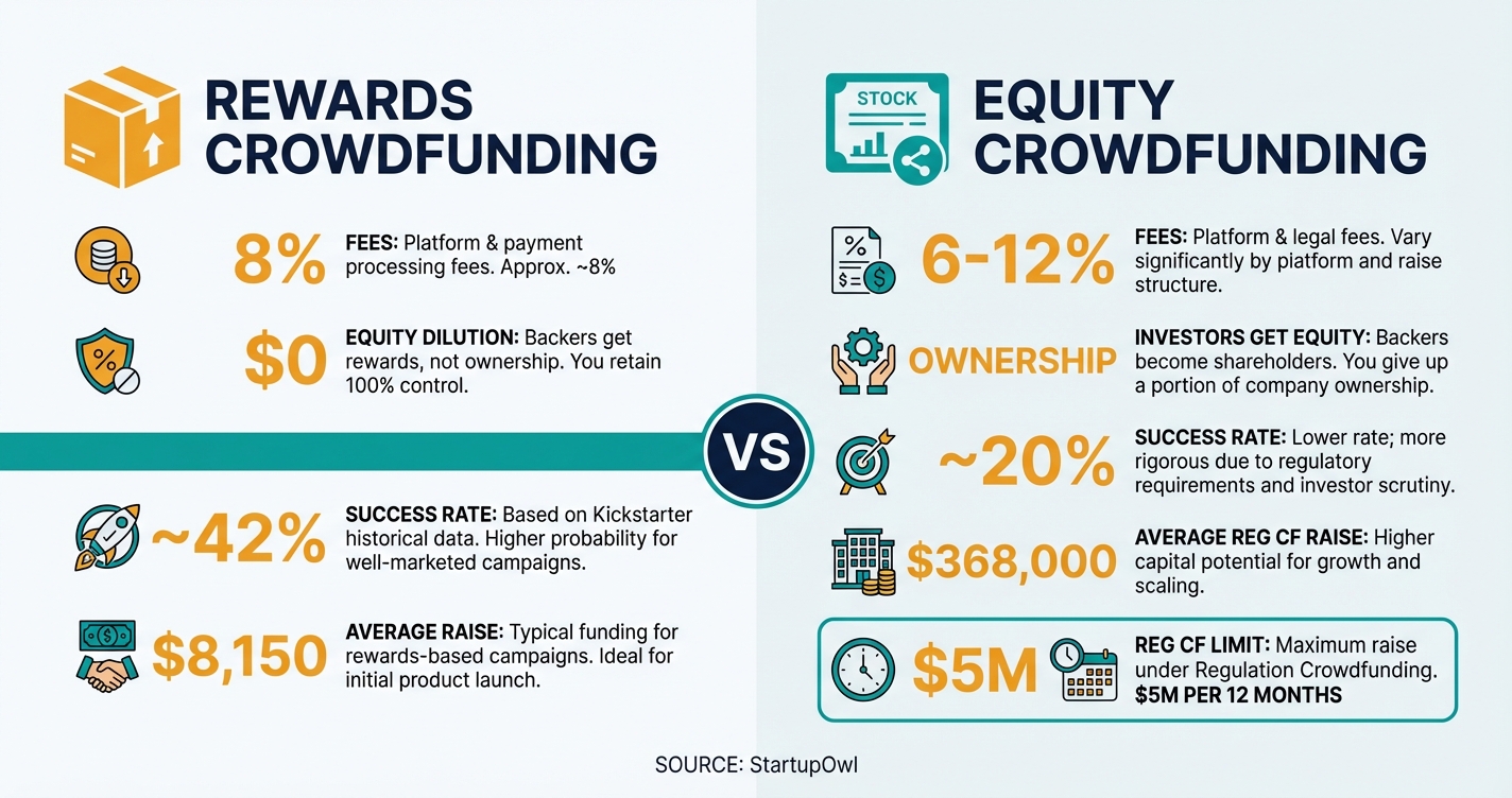 Rewards versus equity crowdfunding comparison showing fees ownership and raise limits