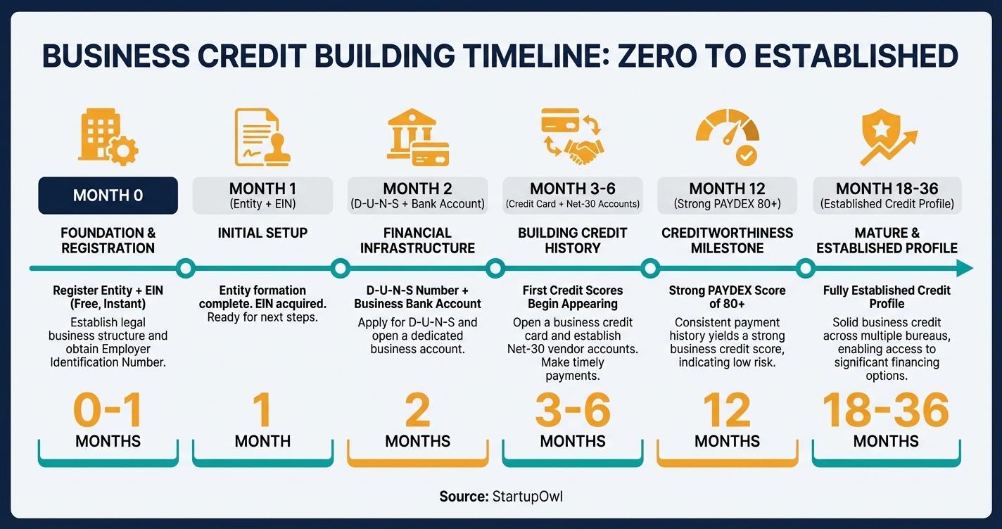 Business credit building timeline showing milestones from zero to established credit