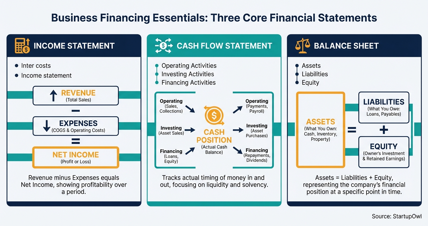 Three core financial statements every startup projection needs with key components listed