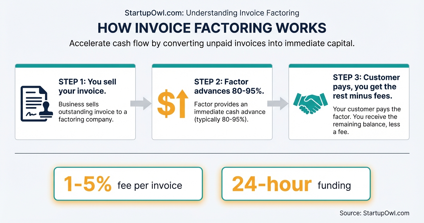 Invoice factoring process overview showing invoice sale, advance, and collection flow