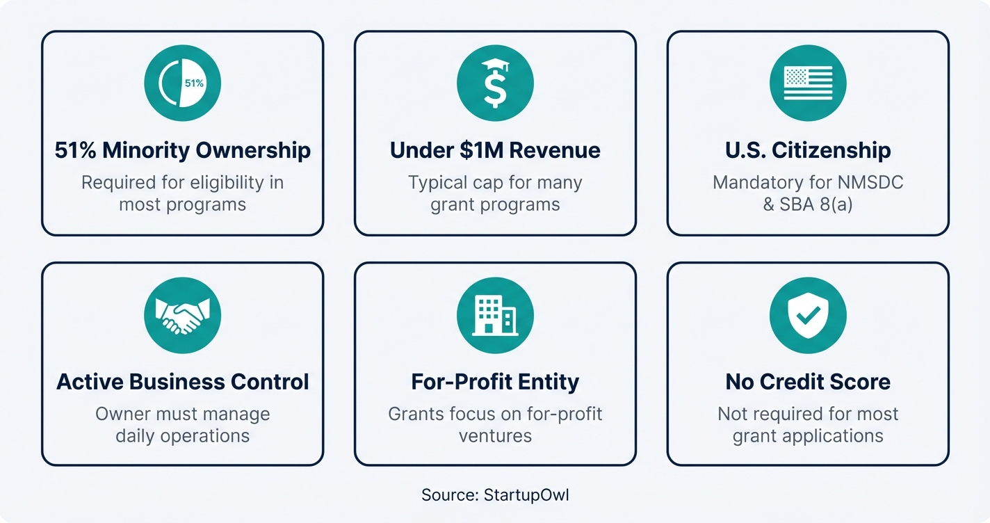 Icon grid showing five key eligibility requirements for minority business grants