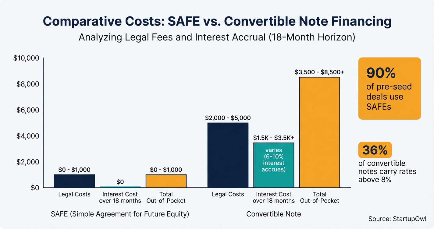 Bar chart comparing SAFE and convertible note costs including legal fees and interest rates