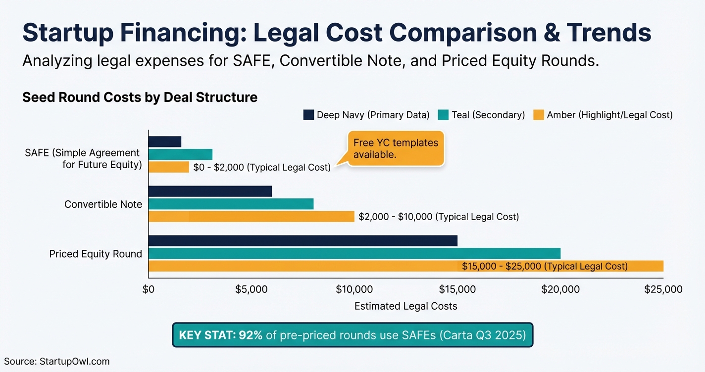 Bar chart comparing seed round costs by deal structure SAFE versus convertible note versus priced round