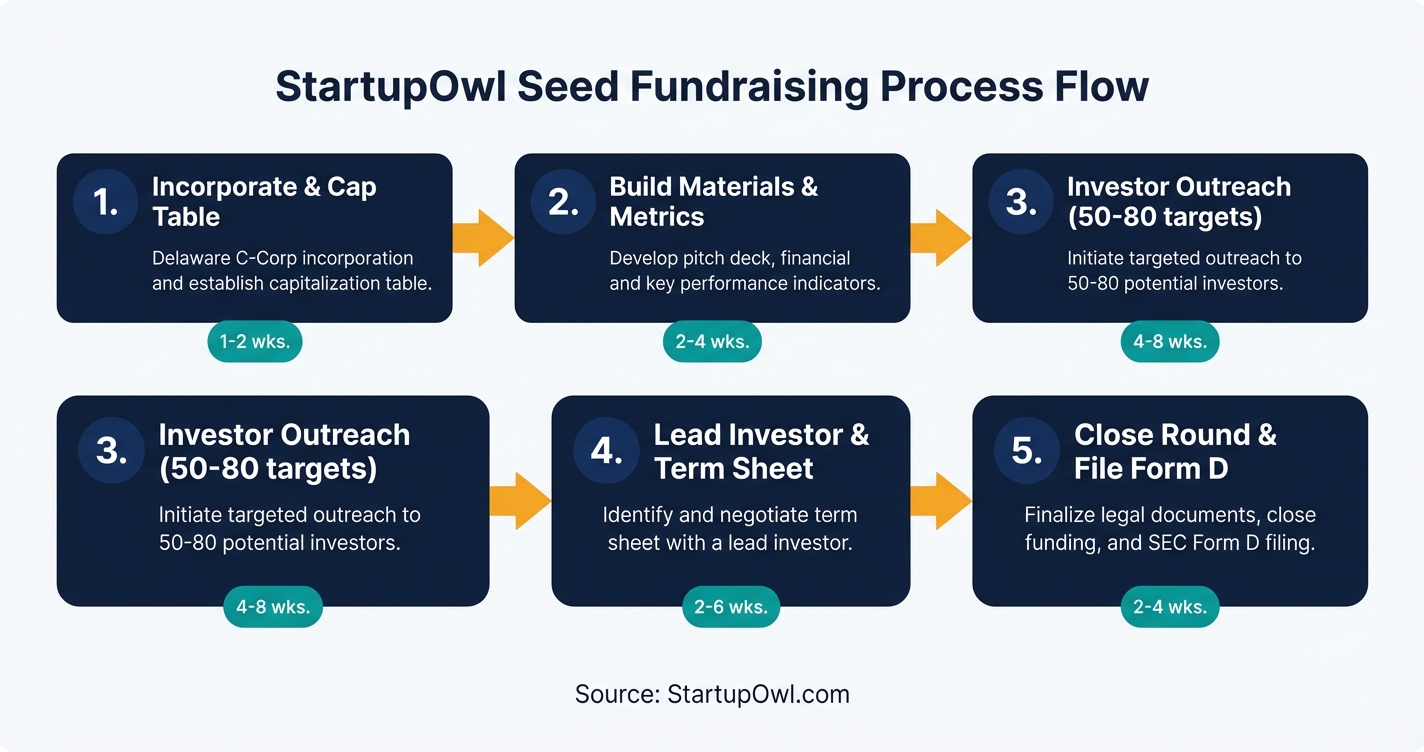 Five step process diagram for raising seed funding from incorporation to closing