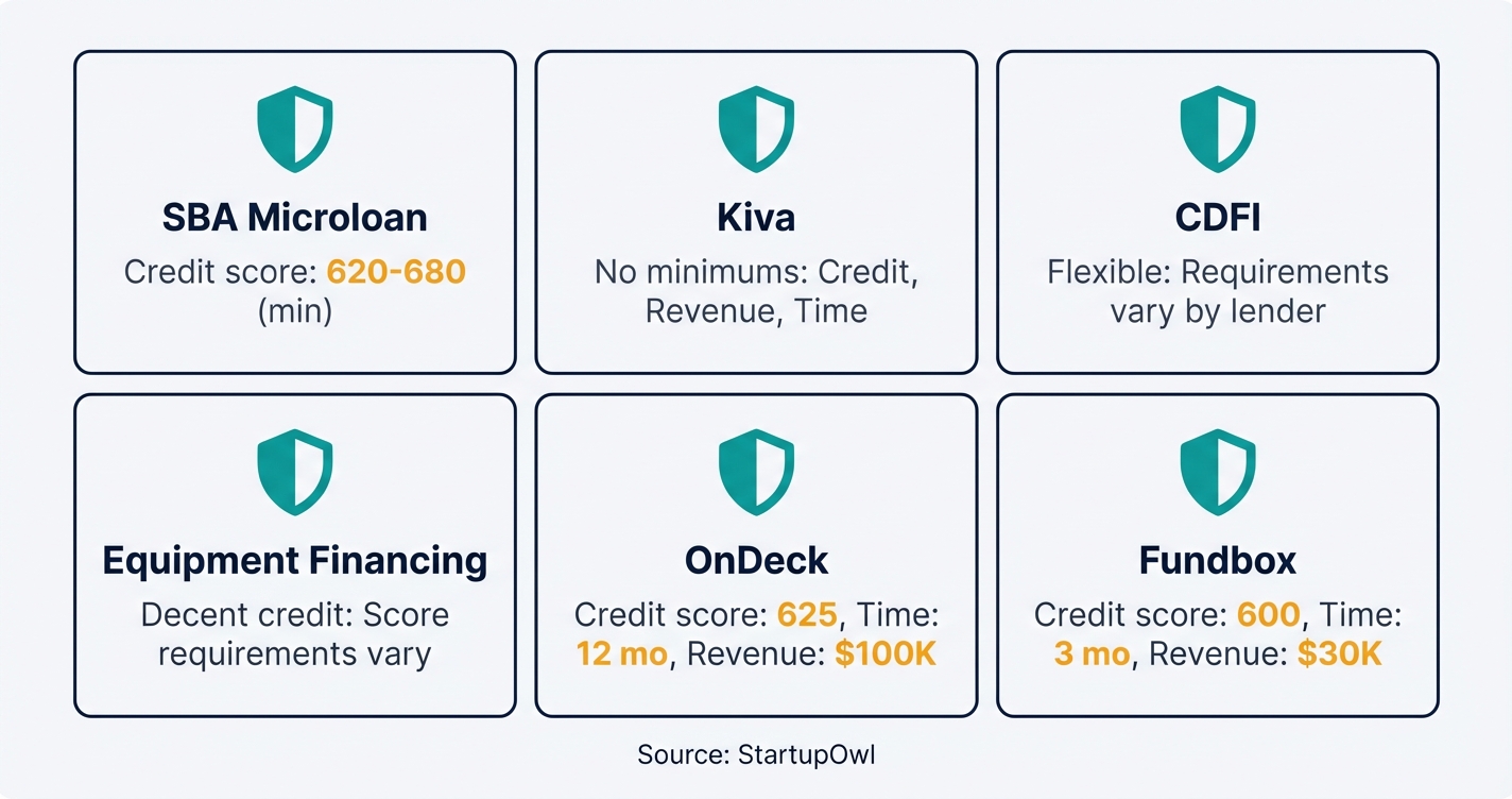 Icon callout grid showing eligibility requirements for each startup loan type