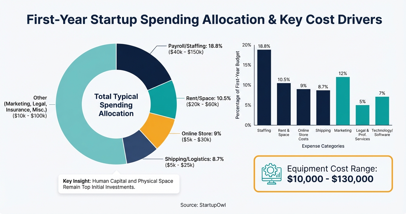 Pie chart showing how first-year startup spending breaks down by expense category