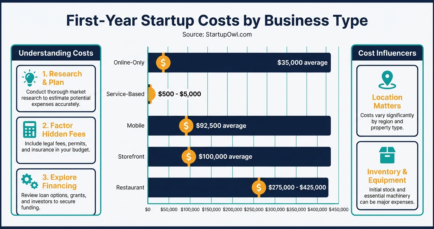 Infographic showing average startup costs ranging from $100 to $750,000 by business type