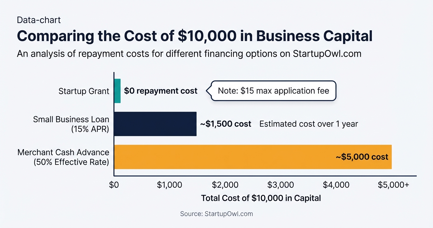 Bar chart comparing startup grant costs versus loan and MCA costs