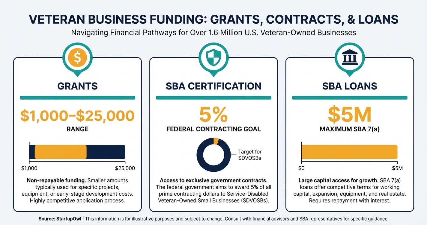 Infographic showing veteran business funding options from grants to federal contracts