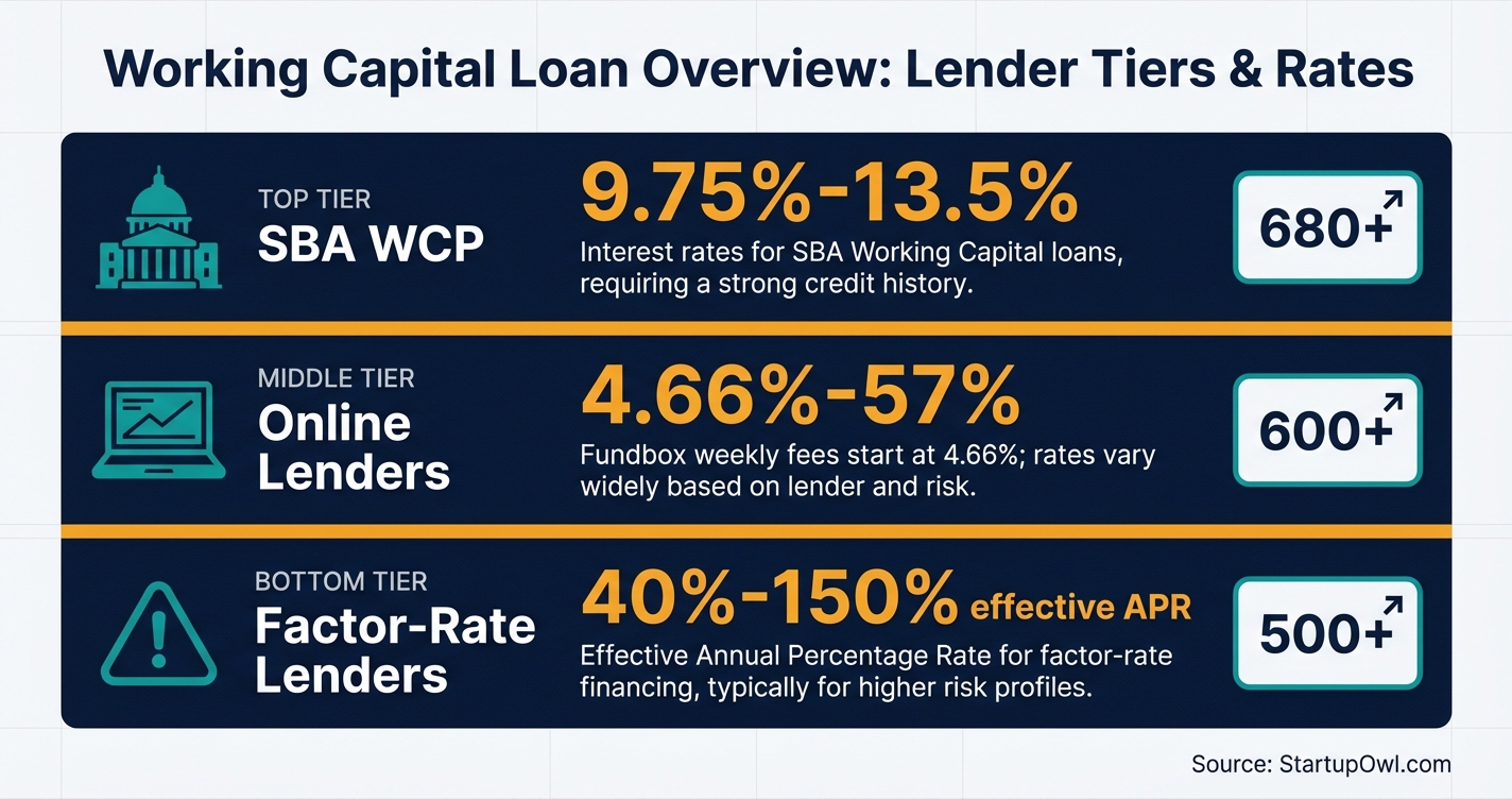 Working capital loan overview showing rates by lender tier and credit score