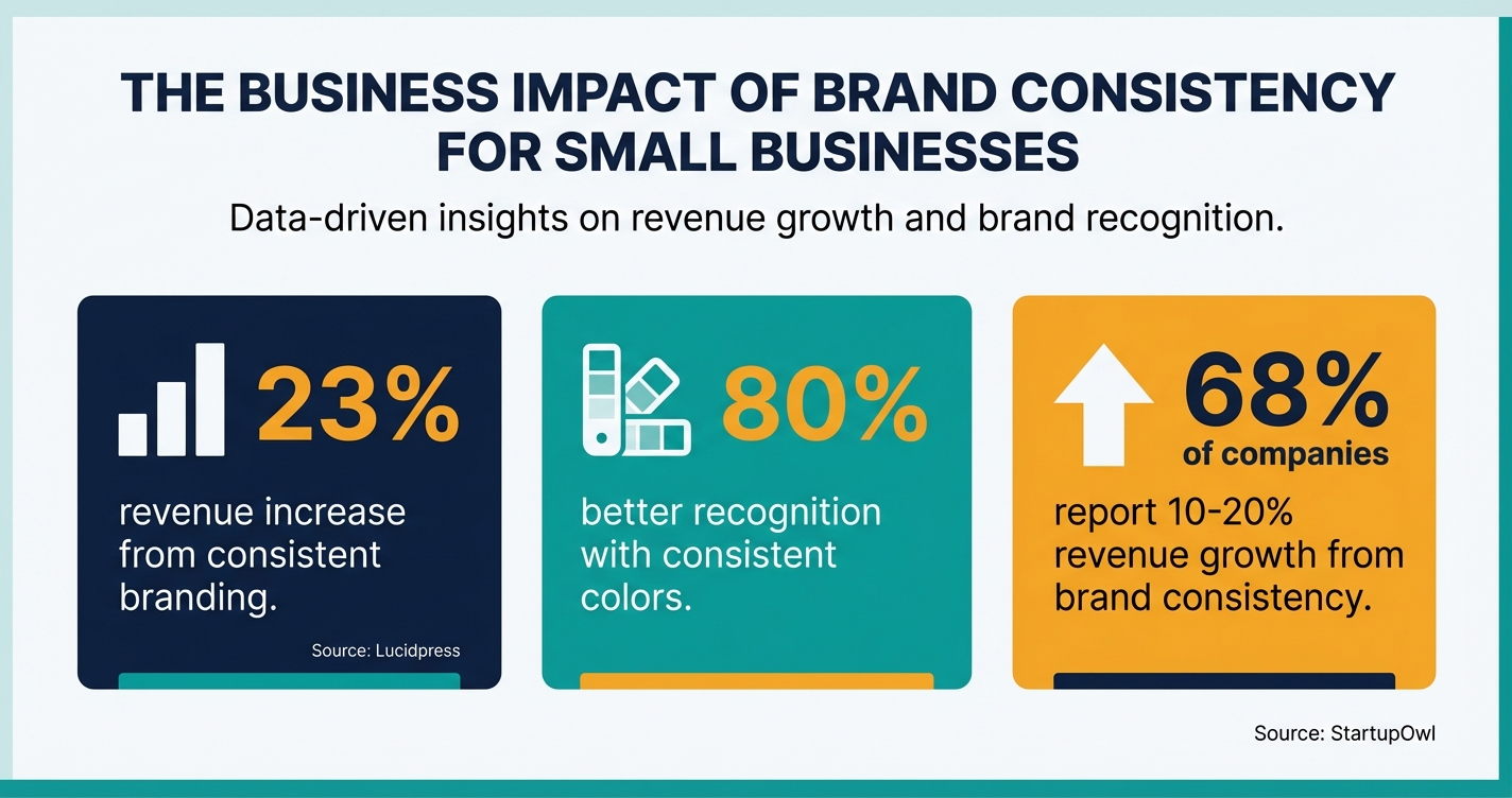 Brand consistency statistics showing revenue impact and recognition improvement for small businesses